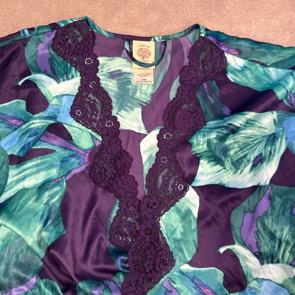 In Bloom by Jonquil Set Robe Slip Nightgown Med Large Purple Lace Teal Floral - Picture 4 of 14